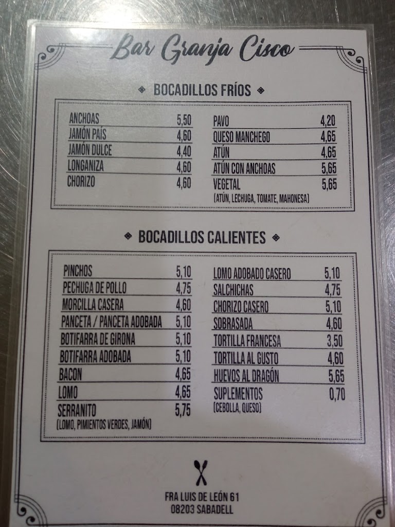 Bar la Granja — Carta