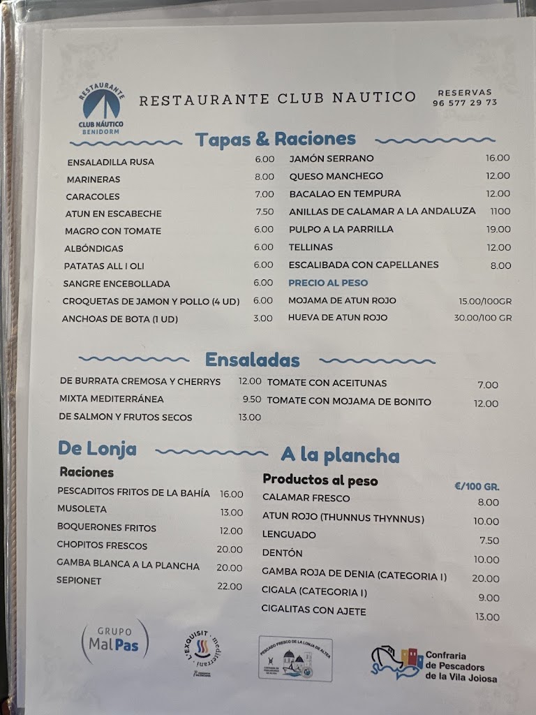 Restaurante Club Nautico de Benidorm — Carta