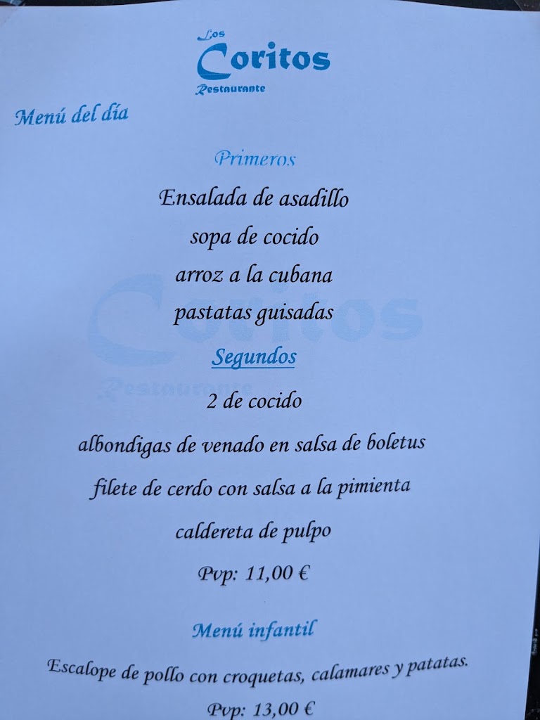Restaurante los Coritos — Carta