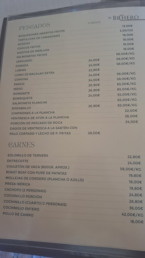 Restaurante El Bichero — Carta