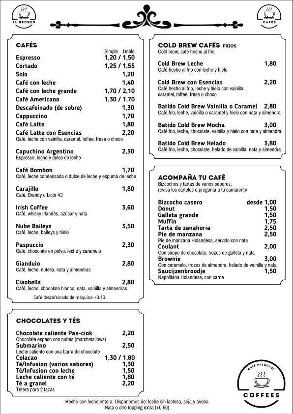 El Recreo Cafe — Carta