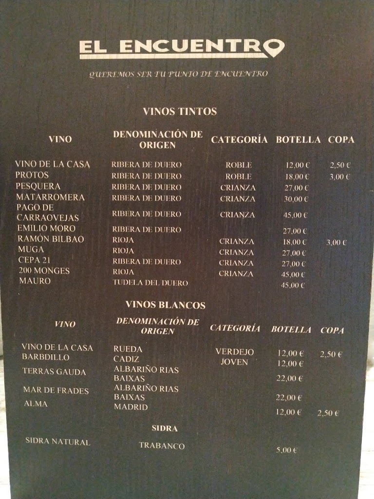 Restaurante El Encuentro — Carta