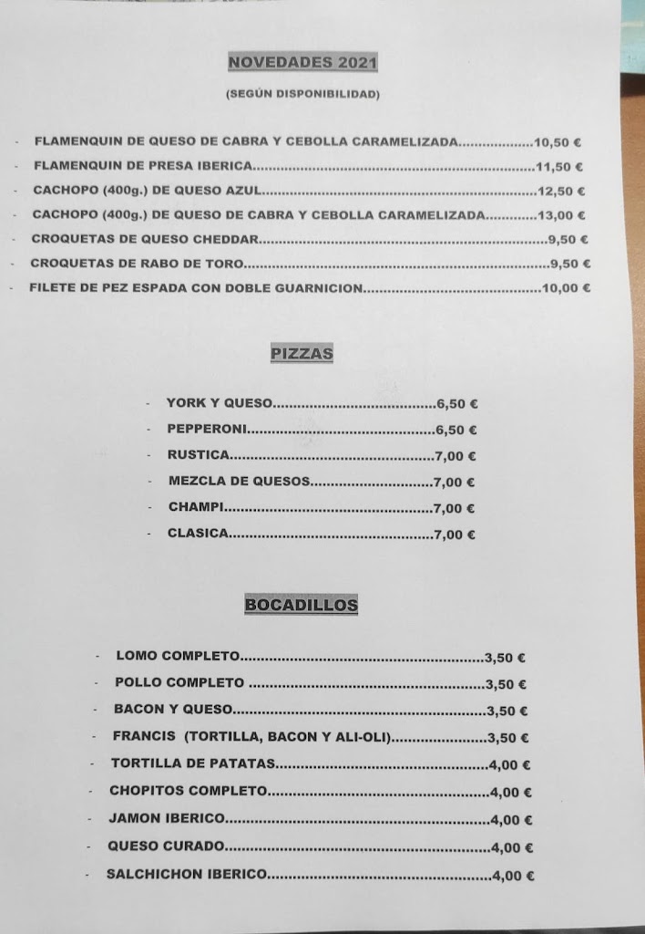 Cafe Bar TRIGUERO — Carta