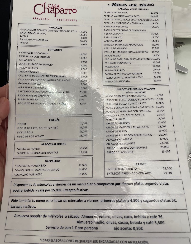 Restaurante Arroceria Casa Chaparro — Carta