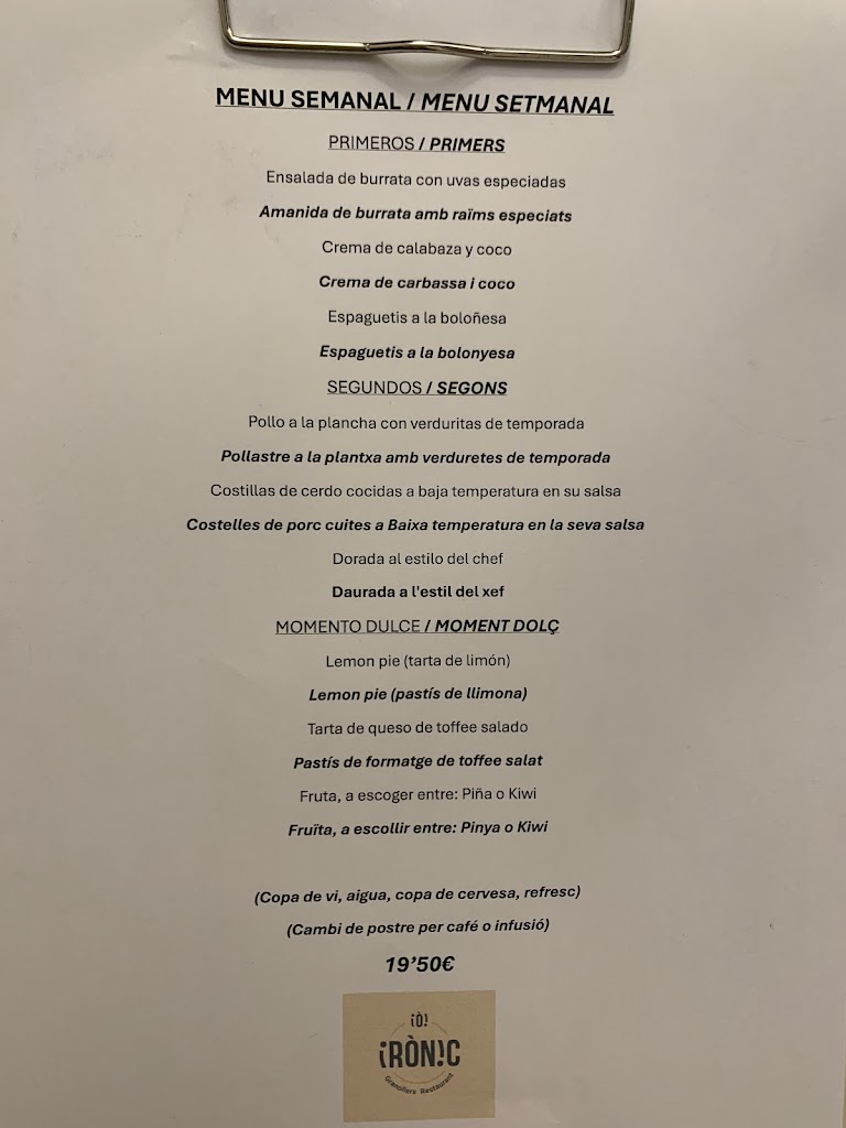 Ironic Granollers Restaurant — Carta