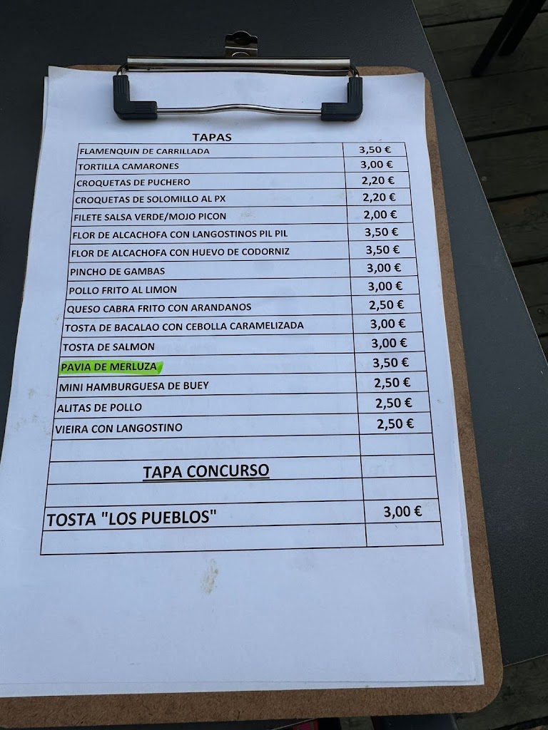 "Bar Restaurante Los Pueblos" — Carta