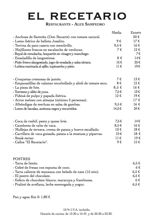 El Recetario de Alex Sampedro — Carta