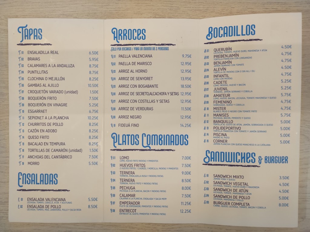 Bar Polideportivo Manises — Carta