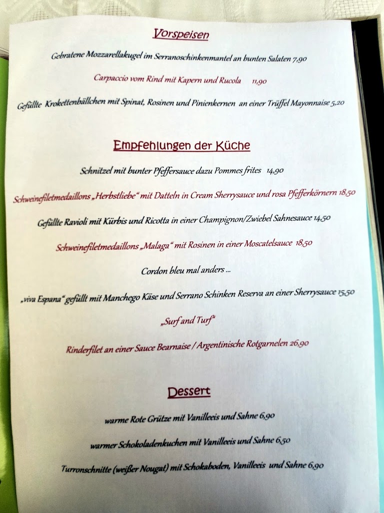 Restaurante La Rosa — Carta