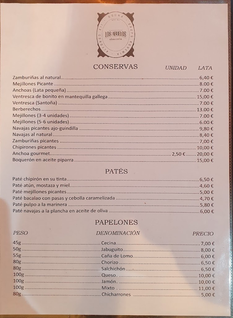 Los Abuelos Abaceria — Carta
