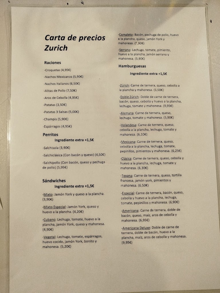Bar Restaurante Zurich — Carta