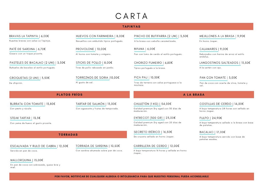 Restaurante La Tapinya — Carta