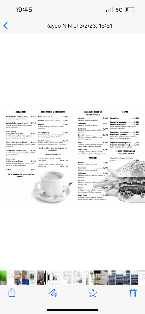 Cafeteria Sport — Carta