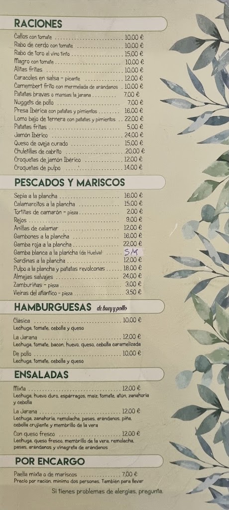 Restaurante La Jarana (Bistro) — Carta