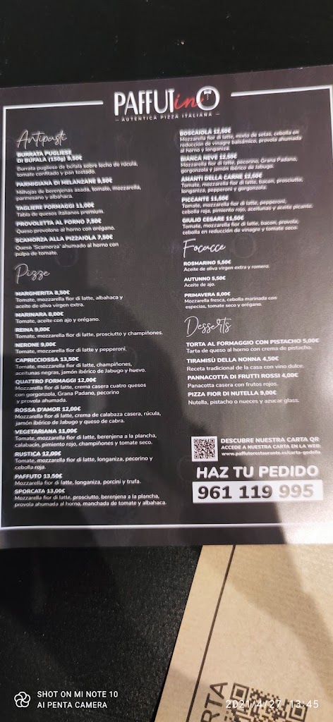 Restaurante Paffutino (Godella) — Carta