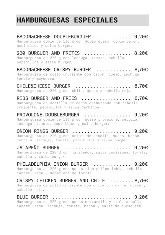 Pizzeria Burger Me Gusta — Carta