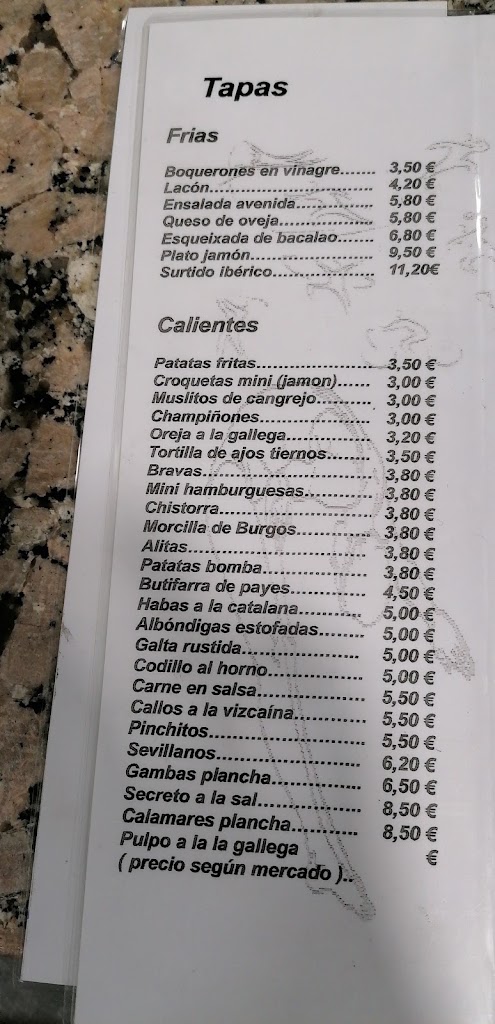 Bar Avenida Deportes — Carta
