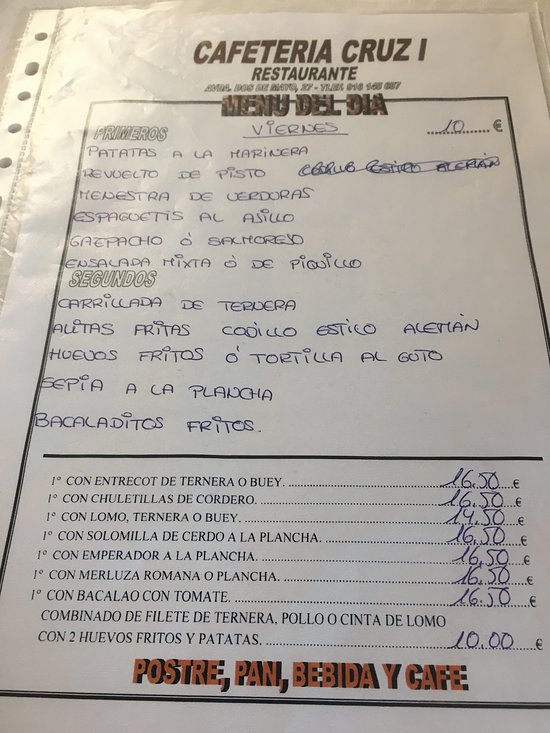 Cafeteria Bar Cruz — Carta