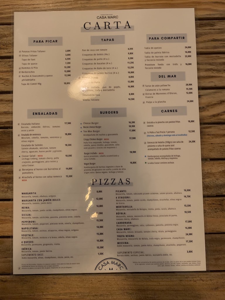 Casa Marc Pizza — Carta