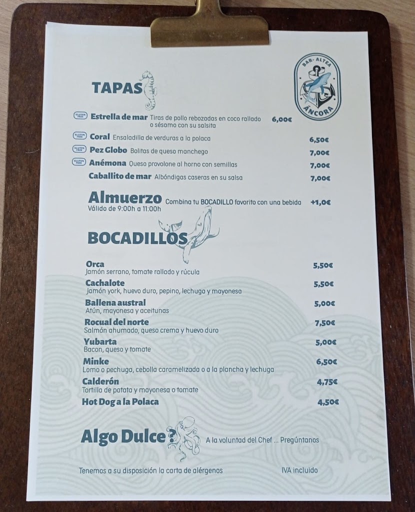 Bar l'Ancora — Carta