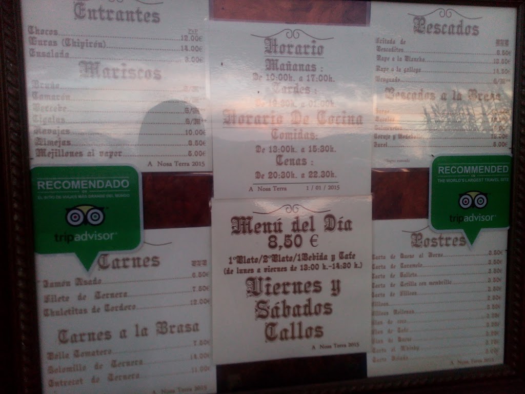 Restaurante A nosa terra — Carta