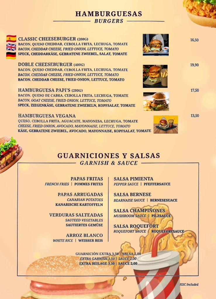 Papi's Grill Playa del Ingles — Carta