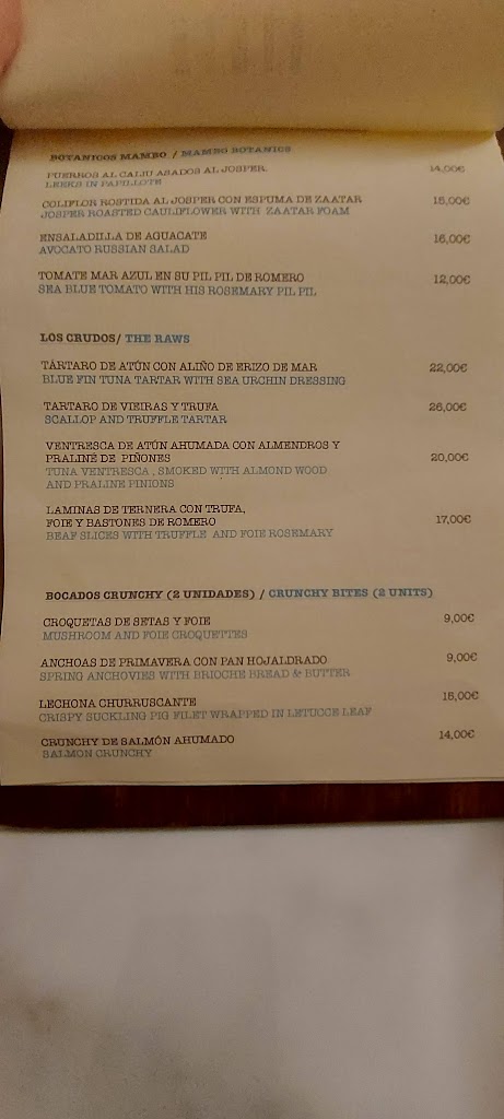Restaurante Mambo — Carta