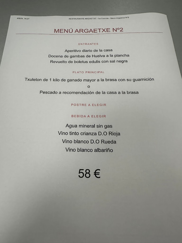 Restaurante Argaetxe — Carta