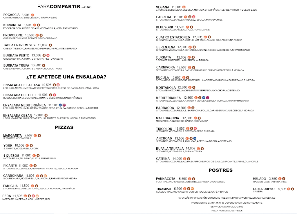 Pizzeria La Famiglia — Carta