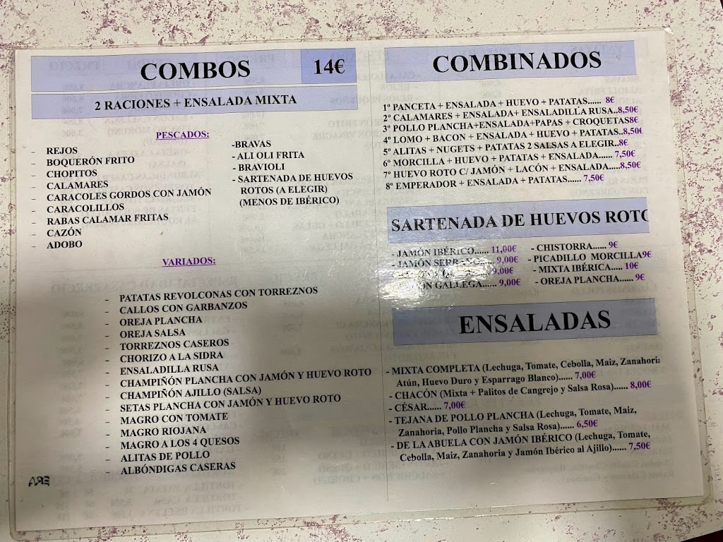 Bar Hermanos Chacon — Carta