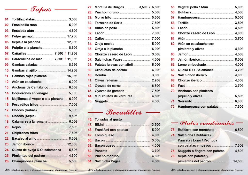 Bar Platillos — Carta