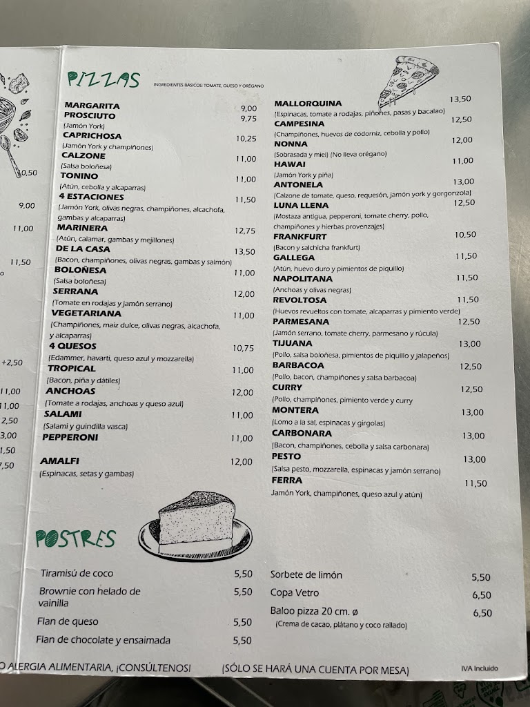 Pizzeria Vetro — Carta