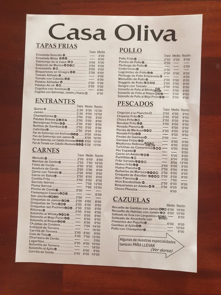 Bar Casa Oliva — Carta