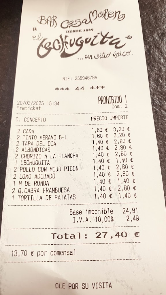 Bar El Lechuguita — Carta