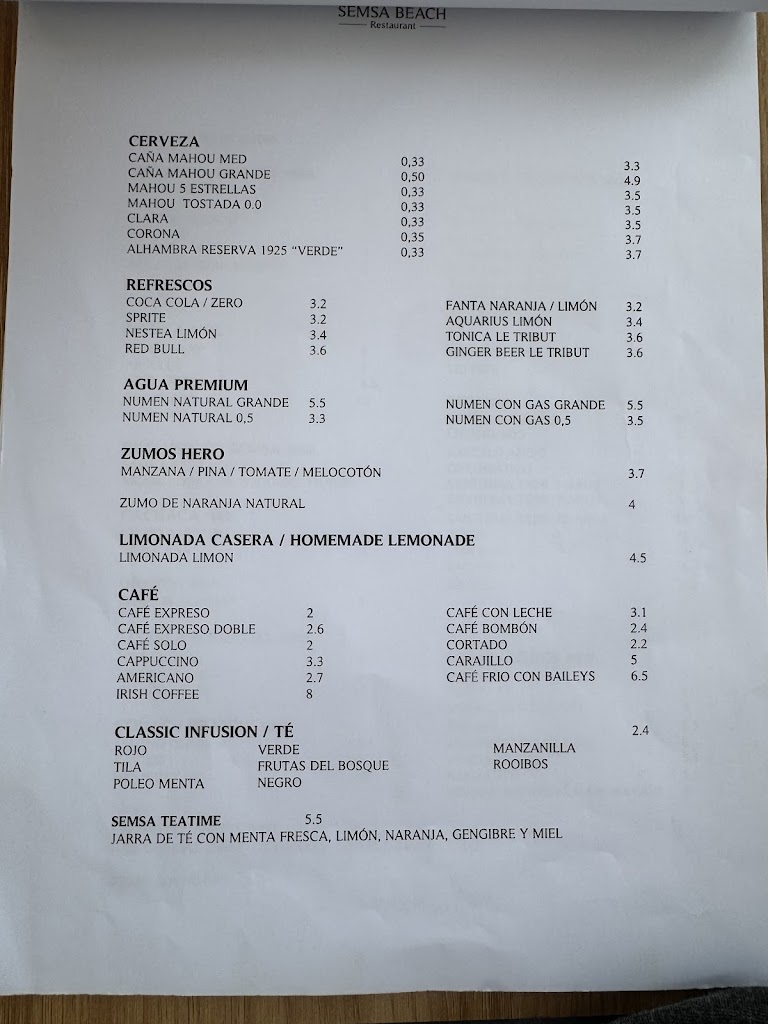 SEMSA BEACH Sea & Lounge. — Carta