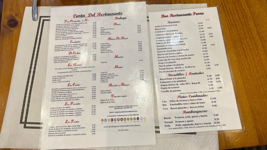 Restaurante Parra — Carta