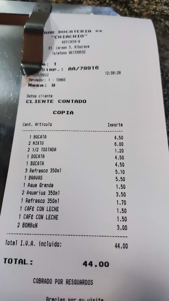 Cafe Bar Chiachio — Carta
