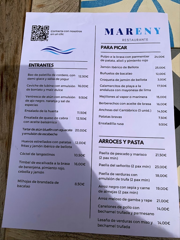 Mareny Restaurant — Carta