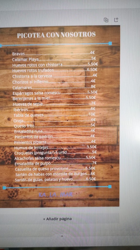 Bar restaurant KA.LA.MAR — Carta