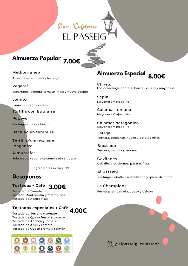 Bar Cafeteria El Passeig — Carta