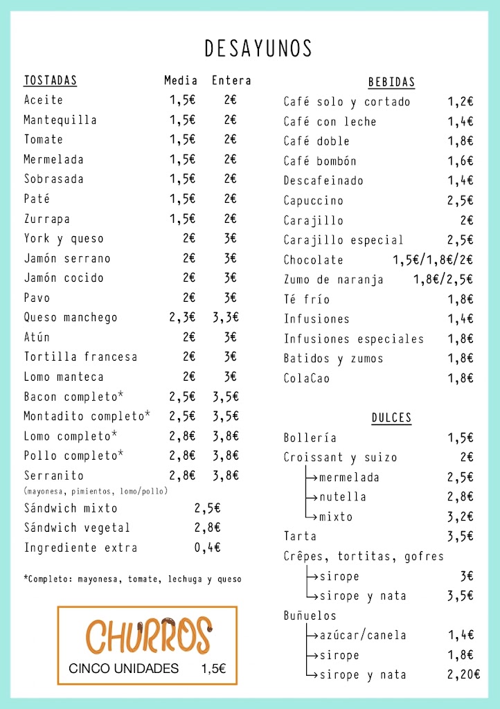 Cafeteria Motril / Simba Bolas — Carta