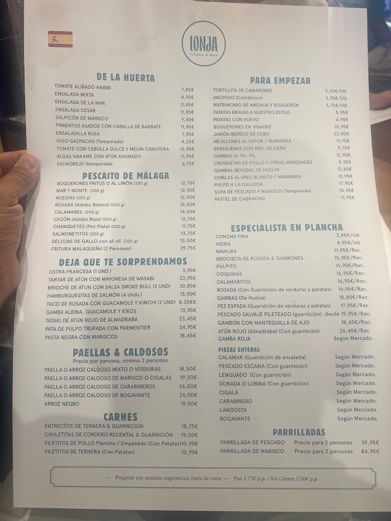 Restaurante La Lonja centro Marbella — Carta