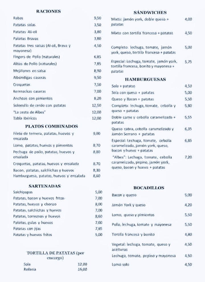 Bar cafeteria Albes — Carta