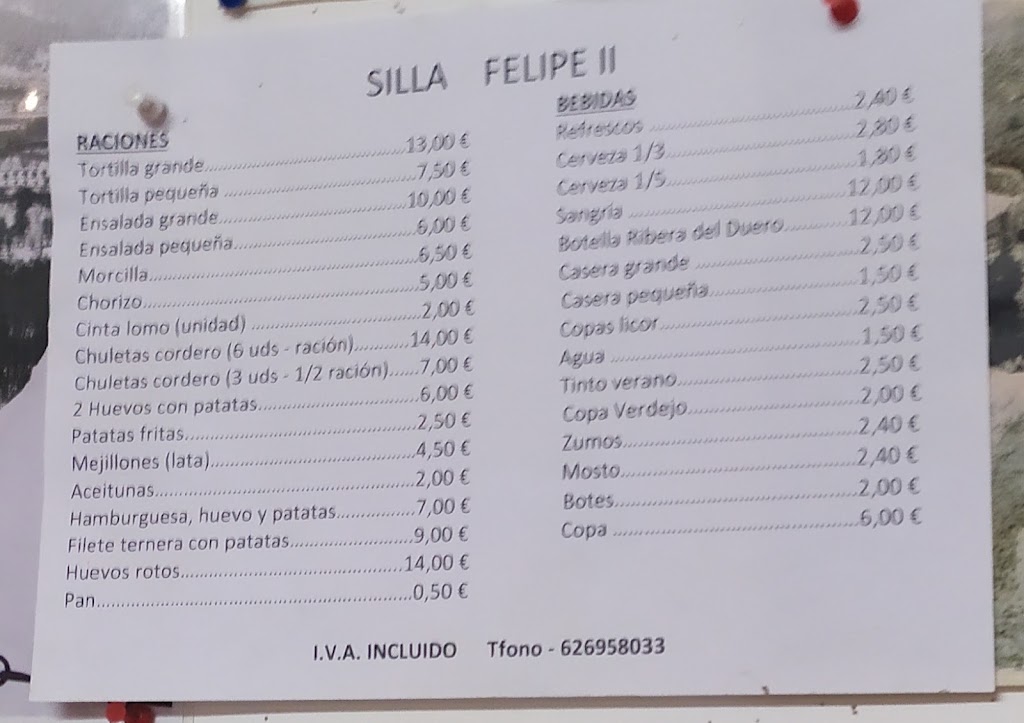 Kiosko Bar Silla de Felipe II — Carta