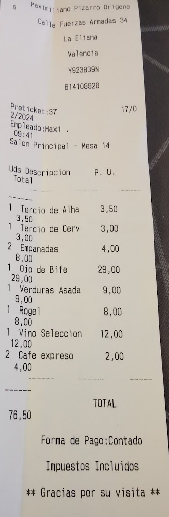 Asador Origenes del Sur — Carta