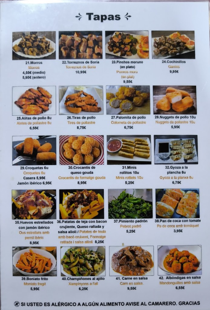 El taller de la tapa — Carta
