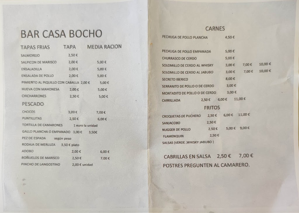 BAR CASA BOCHO — Carta
