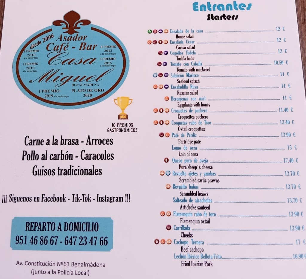 Asador Restaurante Cafe Bar Casa Miguel — Carta