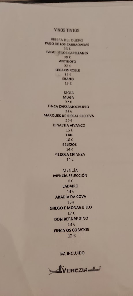 Restaurante Venezia — Carta