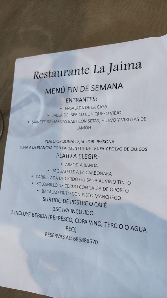 Restaurante La Jaima. — Carta